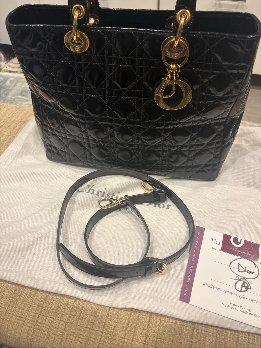 Dior Black Quilted Patent Tote Bag with Gold Charm